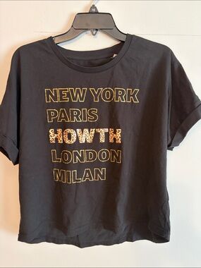 Black Short Sleeve Graphic Tee with Gold Lettering. Small. Organic cotton.